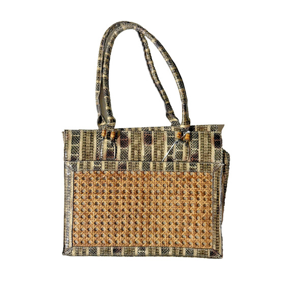 Sondra Roberts Tote Bag Womens Medium Woven Cane Faux Snakeskin Handles Purse - Picture 1 of 8